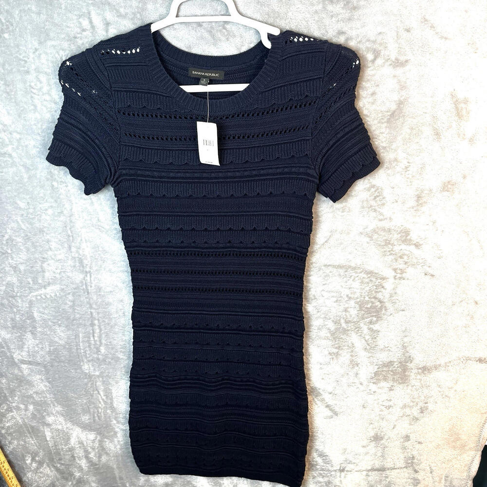 Banana Republic Women Sweater Dress Size Small Scallops Eyelet Navy Blue Crochet